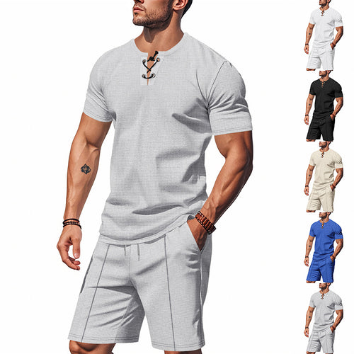 Herren nan kurzärmeliges Schnürkragen-Shirt im Waffeljersey mit Bundfalten-Bermuda Drune