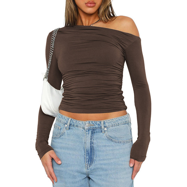 Damen figurbetontes Langarmshirt mit asymmetrischem Ausschnitt und Raffungen Drune