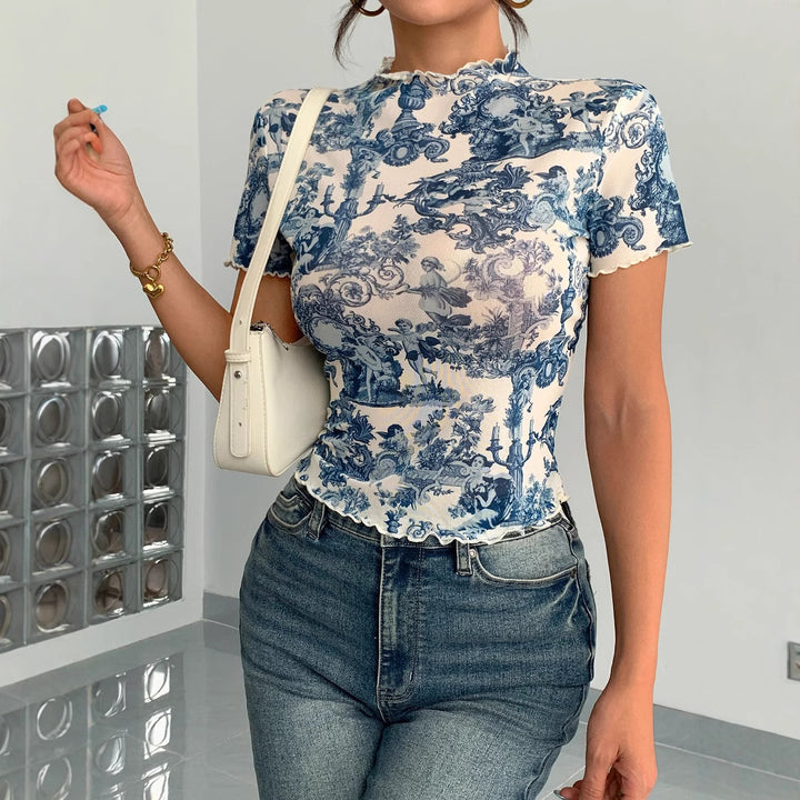 Damen nan figurbetontes kurzärmliges Netzshirt mit Stehkragen und romantischem Landhausdruck Drune