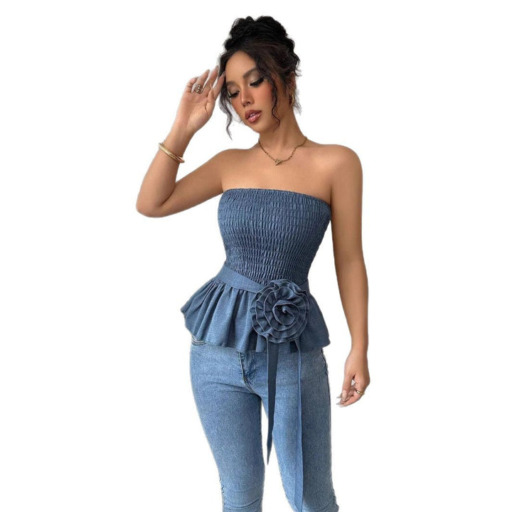 Damen nan figurbetontes trägerloses Smok-Oberteil mit Volant-Peplum und dekorativer Stoffblume Drune