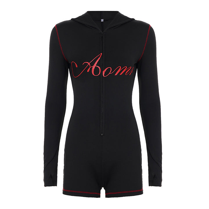 Damen nan taillierter Zip-Romper mit Kapuze, langer Armführung und integrierten Shorts aus funktionalem Stretch Drune