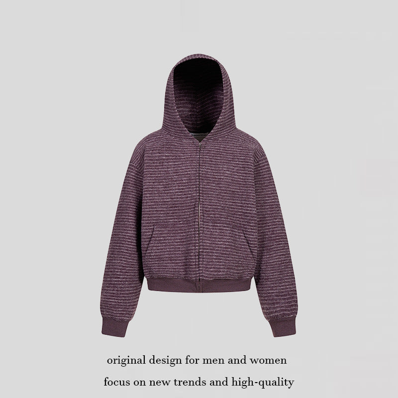 Damen Kurz geschnittene Kapuzen‑Zipjacke mit horizontalem Streifenrelief und elastischem Bund Drune