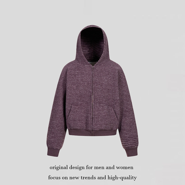 Damen Kurz geschnittene Kapuzen‑Zipjacke mit horizontalem Streifenrelief und elastischem Bund Drune