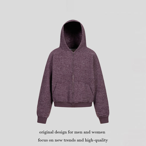 Damen Kurz geschnittene Kapuzen‑Zipjacke mit horizontalem Streifenrelief und elastischem Bund Drune