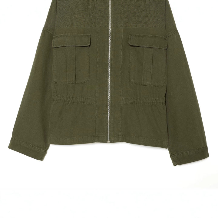 Damen kurze Utility-Jacke mit Reißverschluss, aufgesetzten Brusttaschen und Taillenzug Drune