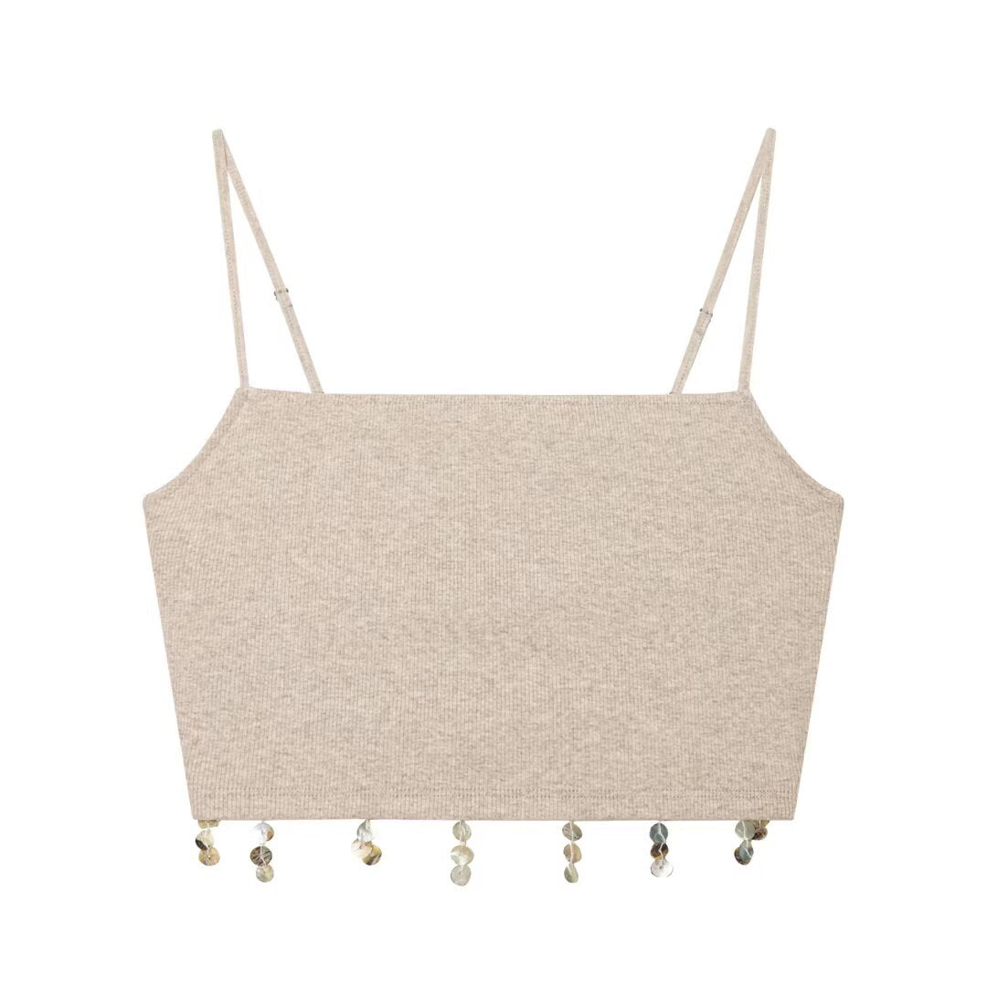 Damen Cropped Top mit zarten Trägerschnüren und funkelndem Saum Drune