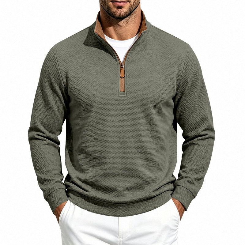 Herren Waffelstruktur-Halbzip-Sweatshirt mit Stehkragen, Kontrastfutter und Lederzipper Drune