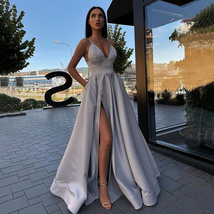 Damen Abendkleid mit aufregendem Beinschlitz und elegantem V-Ausschnitt Drune