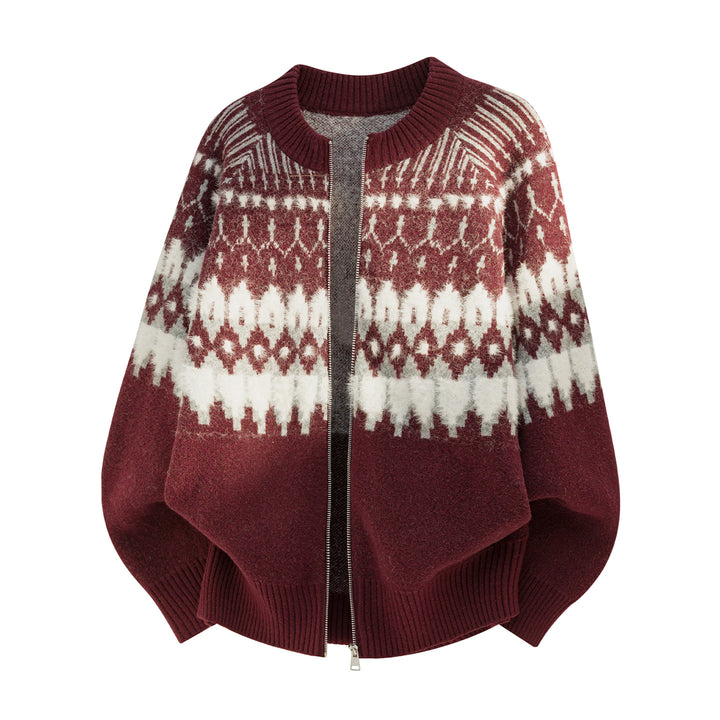 Damen Oversize Strick-Poncho mit Reißverschluss und norwegischem Jacquardmuster Drune
