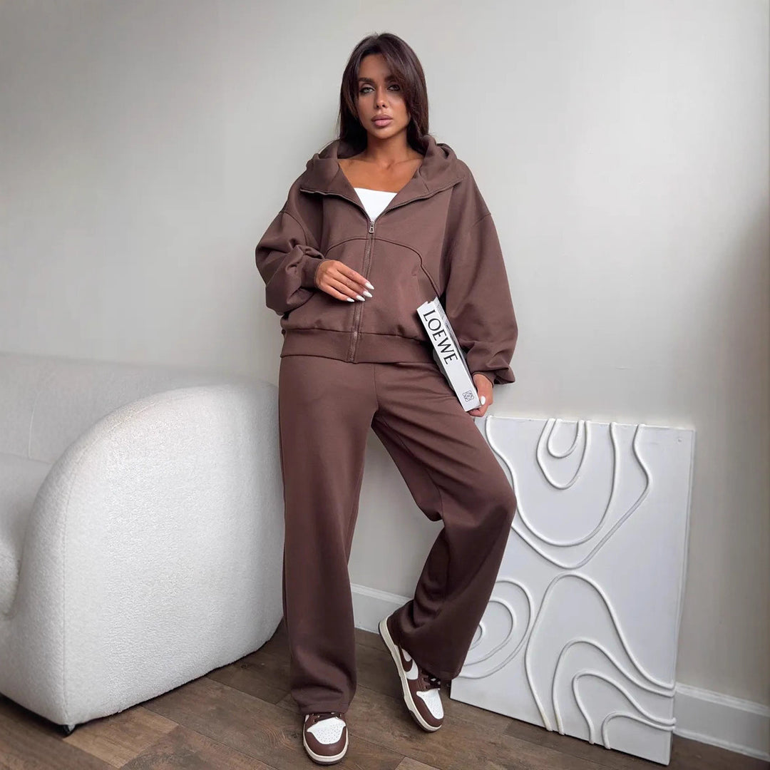 Damen Oversized Hoodie-Jacke mit hoher Stehkapuze und gerader Relax-Sweathose Drune