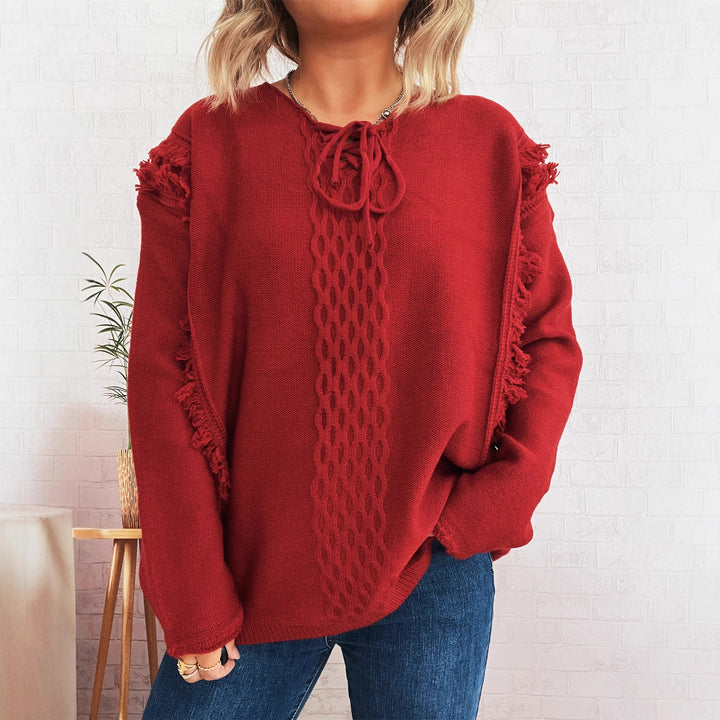 Damen Grobstrickpullover mit lässigen Fransen und dekorativem Zopfdesign Drune