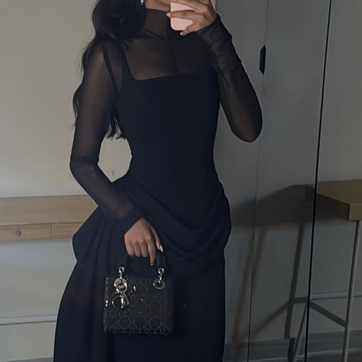 Damen Elegantes Maxikleid mit transparenten Ärmeln und drapiertem Rock Drune