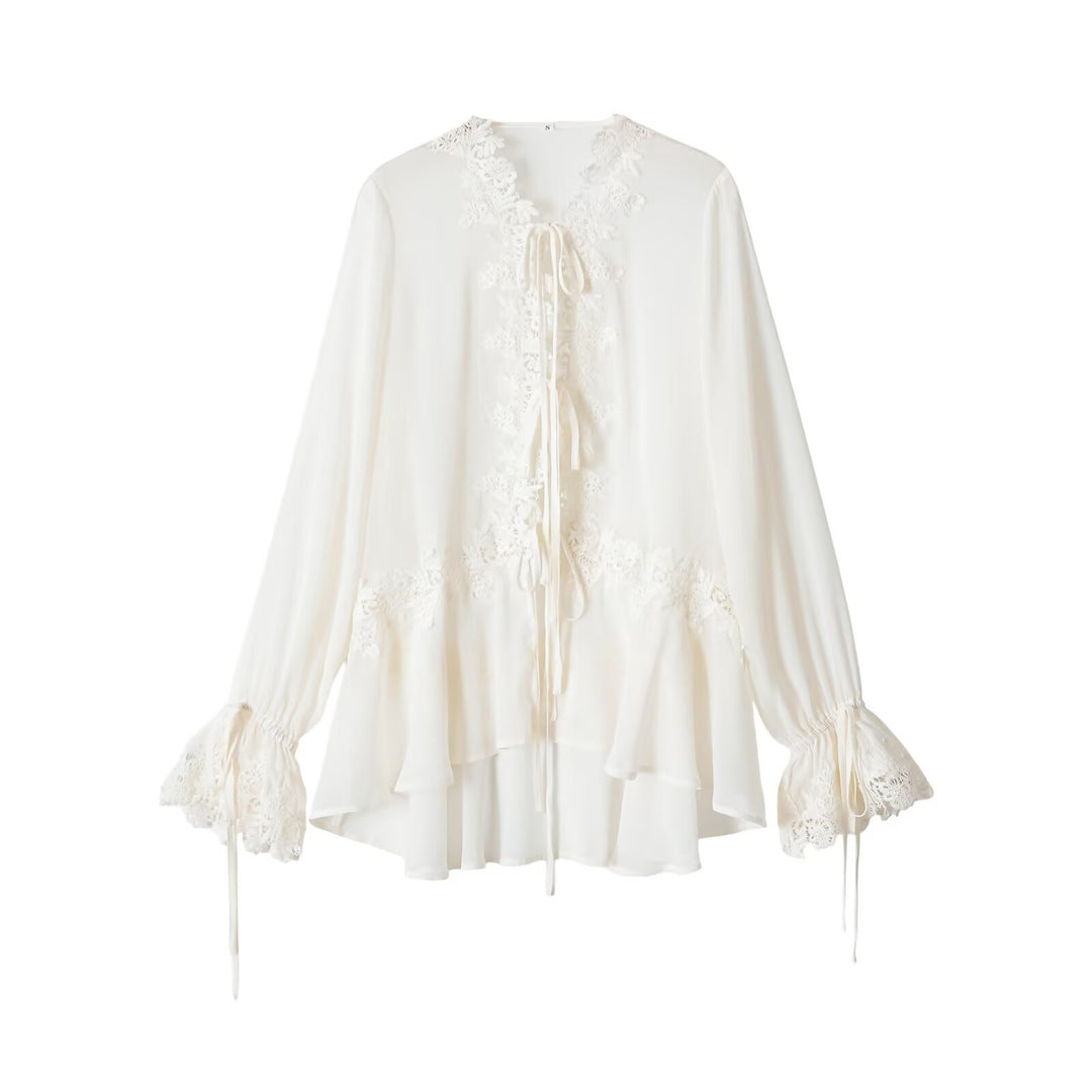 Damen Boho-Spitzenbluse mit Volants, langen Rüschenärmeln und Bindebändern Drune