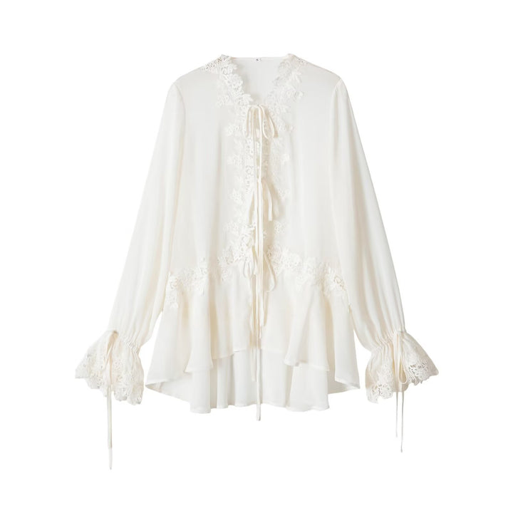 Damen Boho-Spitzenbluse mit Volants, langen Rüschenärmeln und Bindebändern Drune