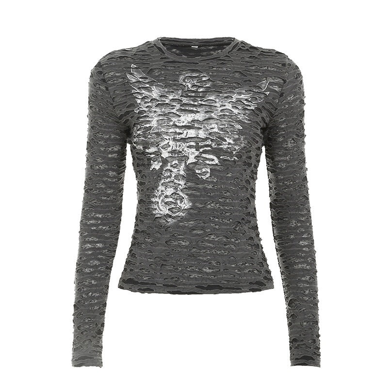 Damen Figurbetontes strukturiertes Langarmshirt mit metallischem Skelettprint Drune