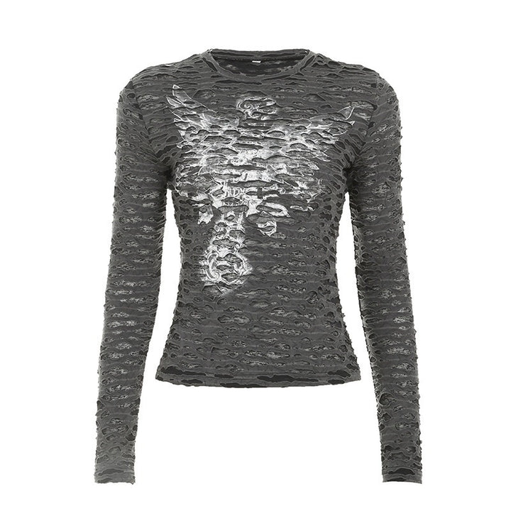 Damen Figurbetontes strukturiertes Langarmshirt mit metallischem Skelettprint Drune