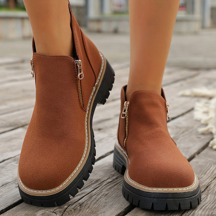 Damen Kurzschaft-Stiefeletten aus Veloursoptik mit seitlichem Reißverschluss und grober Profilsohle Drune