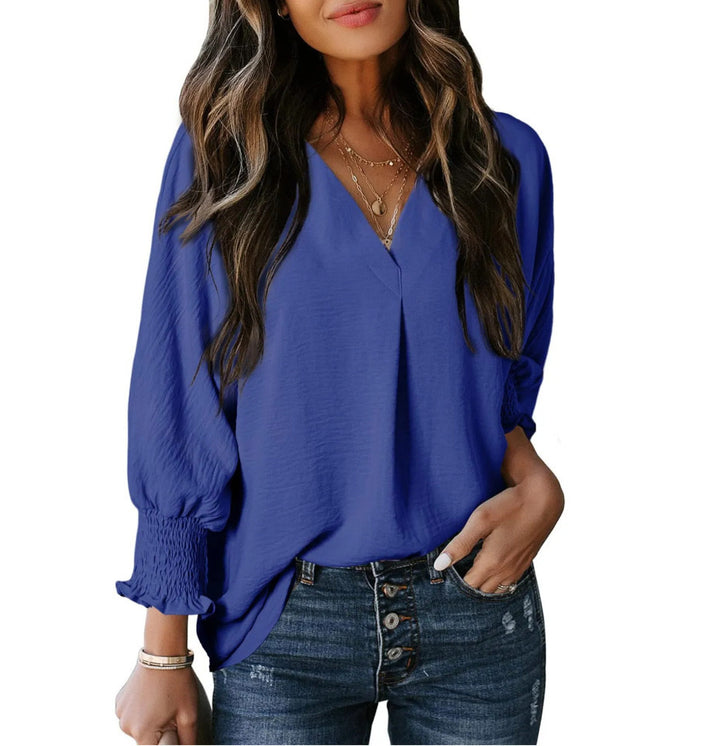 Damen V-Ausschnitt Bluse mit elastischen Ärmelbünden Drune