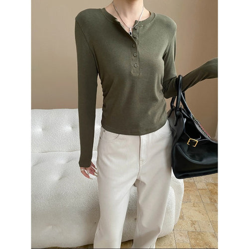 Damen Langarm-Henley-Shirt mit modischen Rippdetails Drune