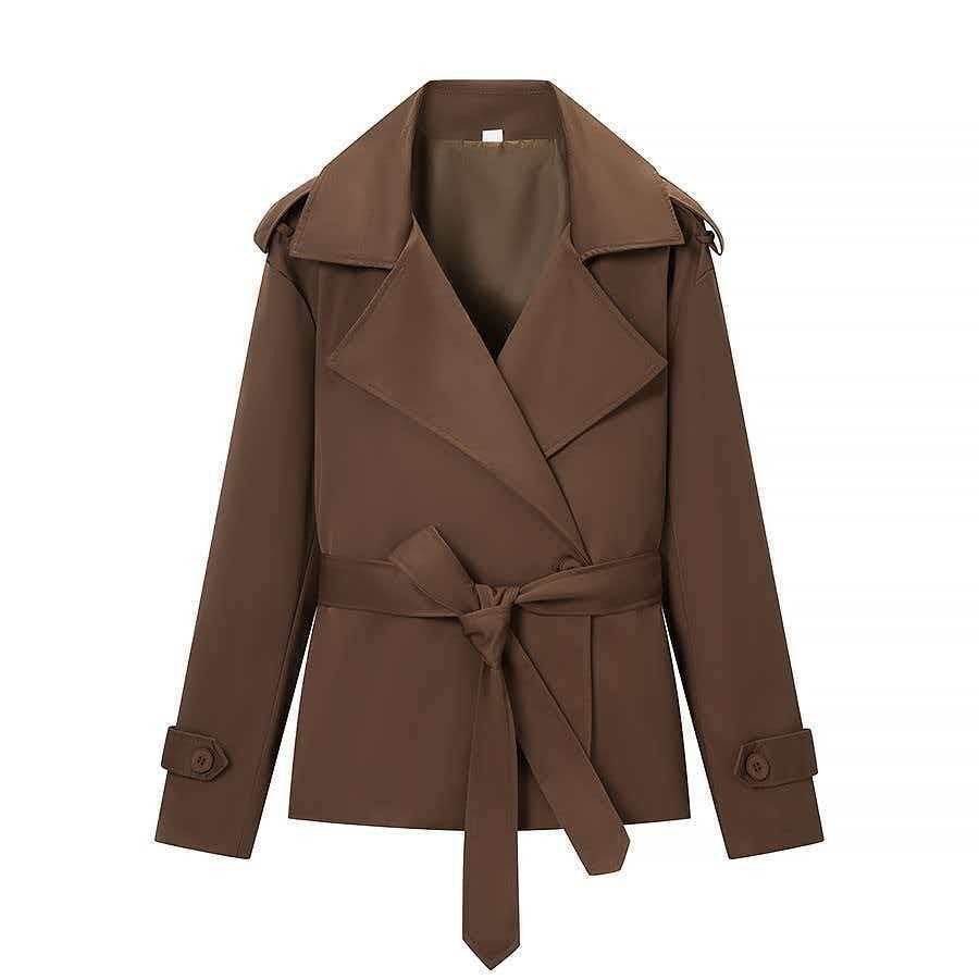 Damen nan kurzer taillierter Trenchcoat mit Bindegürtel, großem Revers und Manschettenriegel Drune