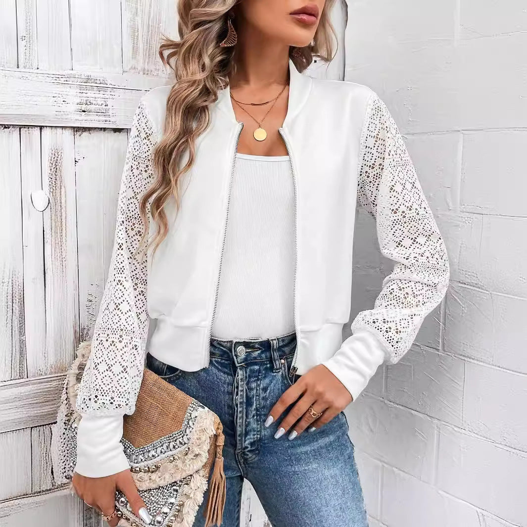 Damen nan Bomberjacke mit Häkelspitzenärmeln und durchgehendem Reißverschluss Drune