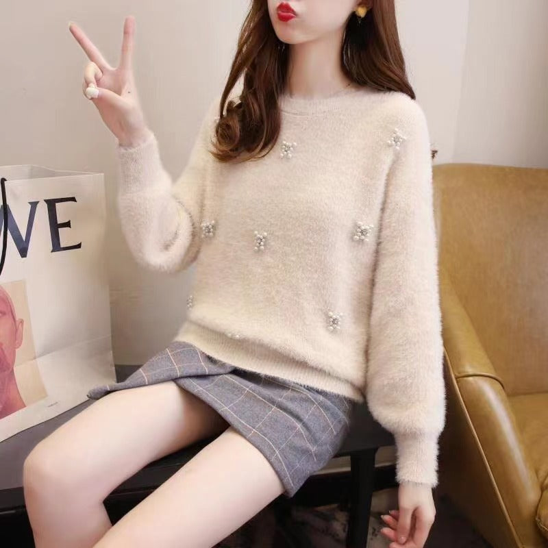 Damen weicher Pullover mit eleganten Perlenapplikationen Drune