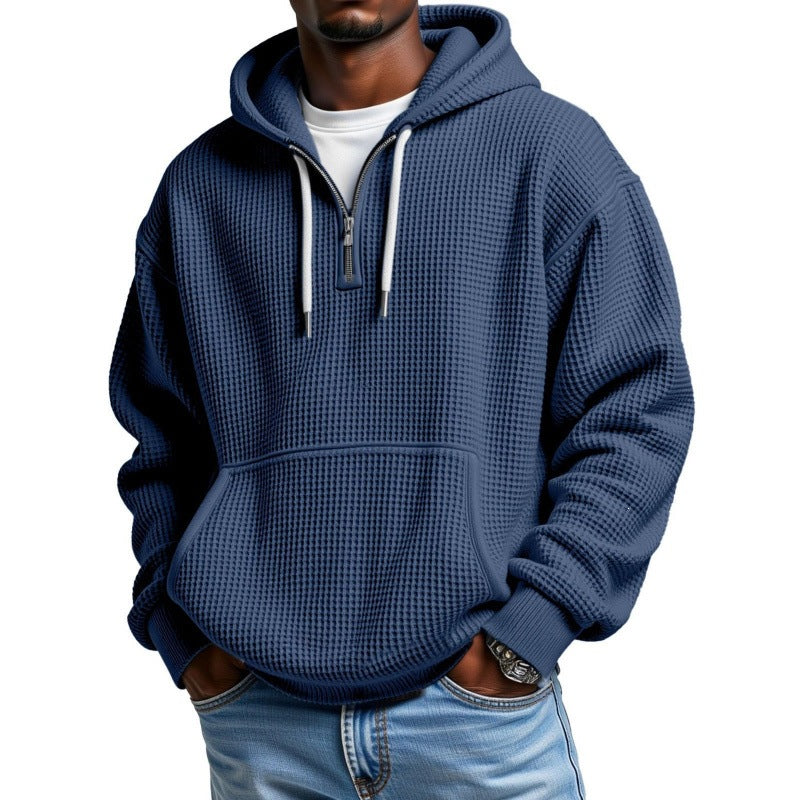 Herren Waffelstrick Halfzip-Kapuzenpullover mit Kängurutasche Drune