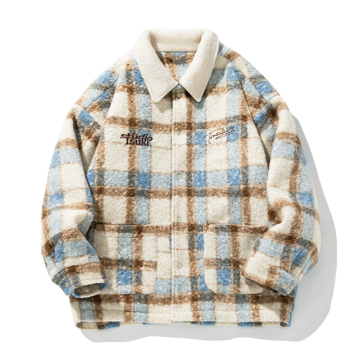 Unisex Kuschelige Teddy-Fleece-Hemdjacke im Karodesign mit Druckknopfleiste und aufgesetzten Taschen Drune