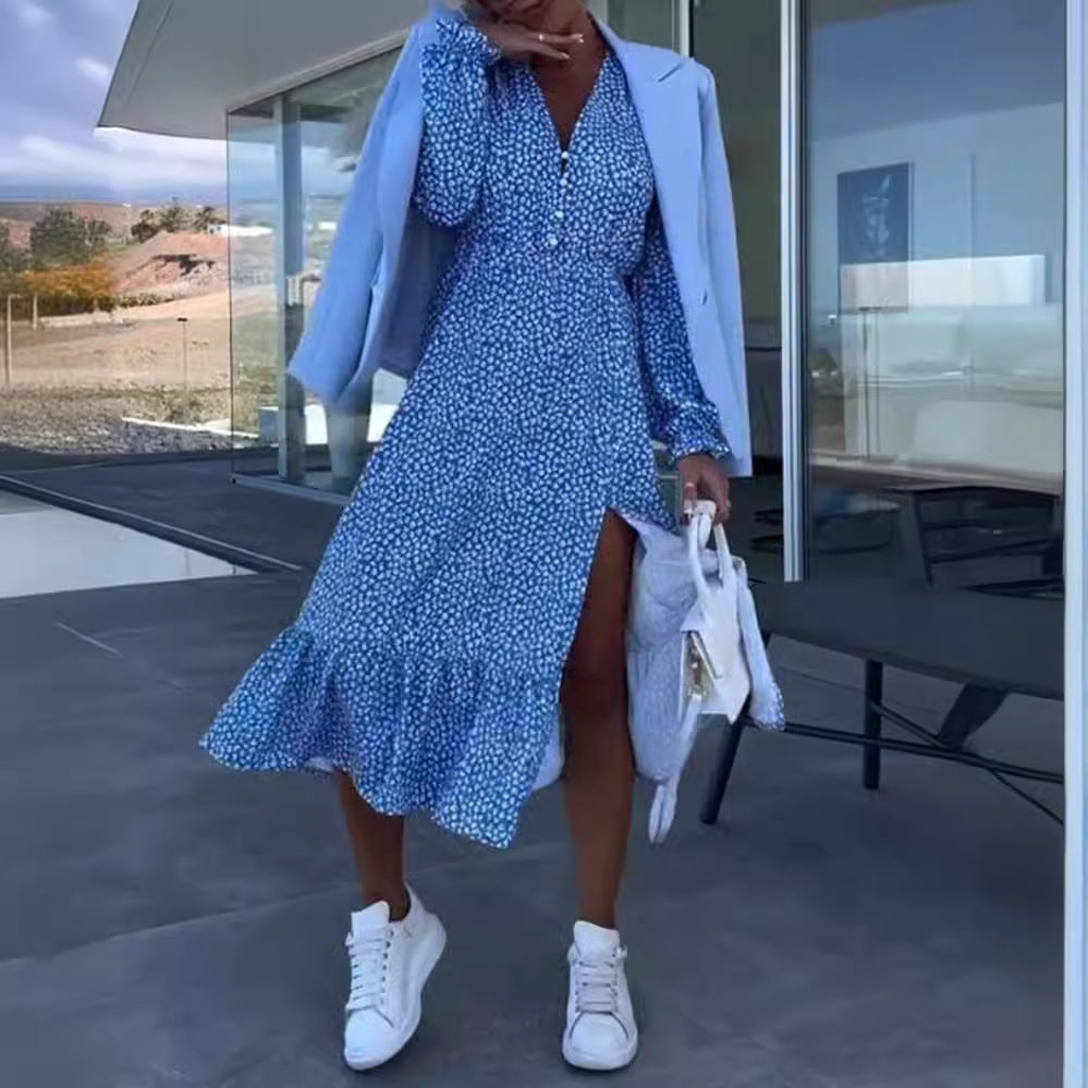 Damen nan Viskose-Midikleid mit V-Ausschnitt, Knopfleiste, gerafftem Tailleneinsatz und asymmetrischem Volant Drune