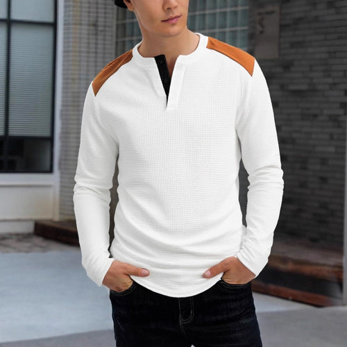 Herren strukturiertes Henley-Langarmshirt mit Stehkragen, Schulterpaspel und Waffelstruktur Drune