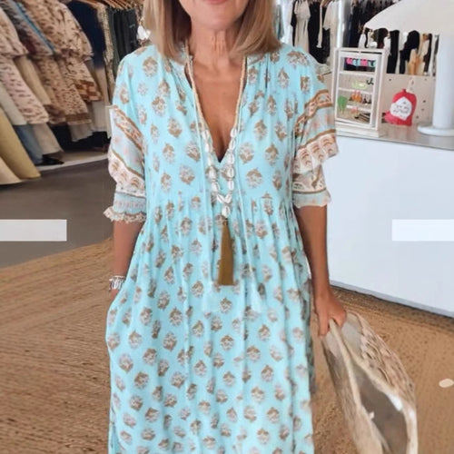 Frauen Boho Maxi Kleid aus leichtem Viskose-Mix mit V-Ausschnitt, Quastenbändchen, drei Viertelärmeln und seitlichen Taschen Drune