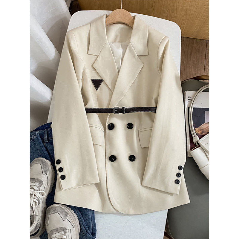 Damen Modischer Doppelreiher Blazer mit Taillengürtel Drune