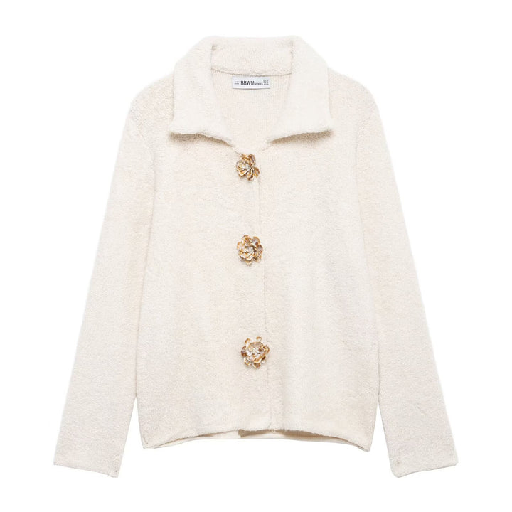 Damen Kuschelige Fluffy-Jacke mit dekorativen Knöpfen Drune