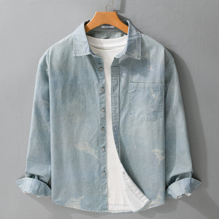 Herren Denim-Overshirt mit Used‑Effekt und Brusttasche Drune