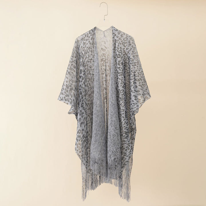 Damen Eleganter Fransen-Poncho mit Leopardenmotiv Drune
