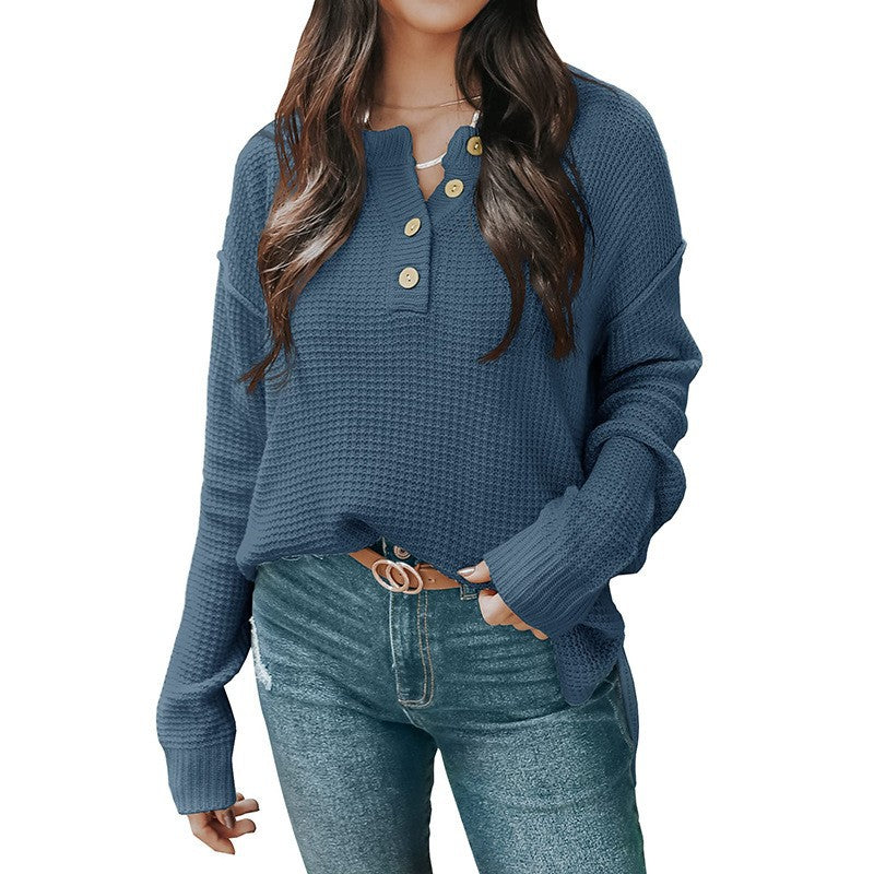Damen nan lockerer Waffelstruktur Henley Pullover mit Knopfleiste und überschnittener Schulter Drune