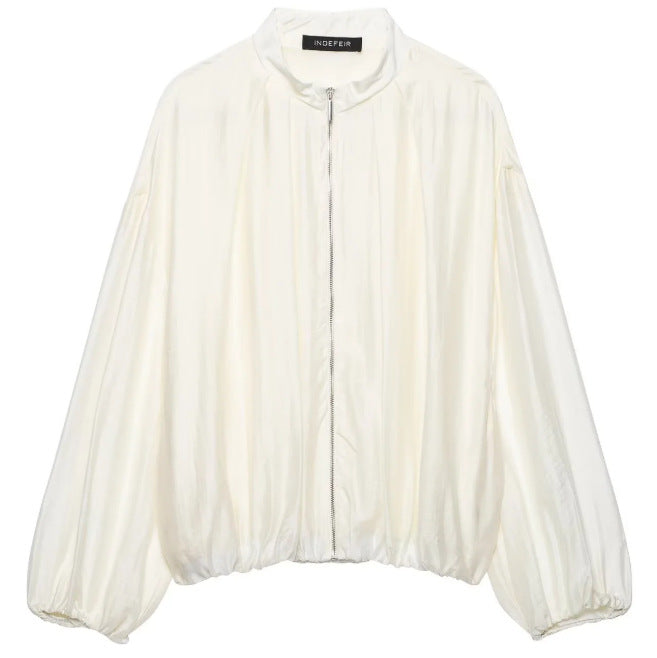 Damen Oversize‑Blousonjacke mit schimmernder Satin‑Optik, Stehkragen und Tunnelzugsaum Drune