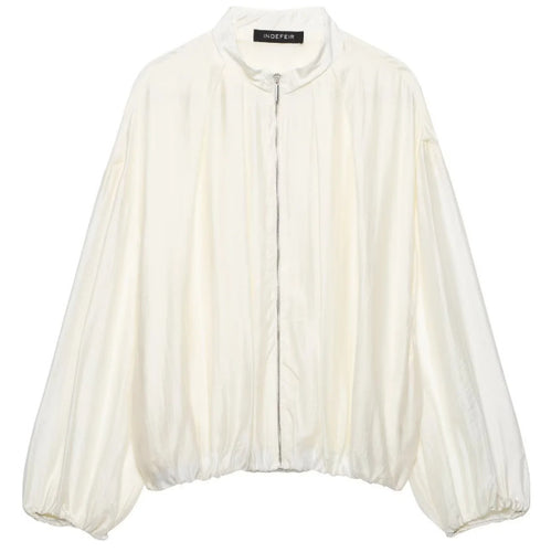 Damen Oversize‑Blousonjacke mit schimmernder Satin‑Optik, Stehkragen und Tunnelzugsaum Drune