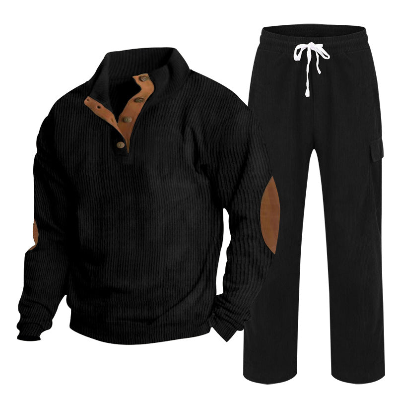 Herren Gemütliches Freizeit-Set aus Waffelstrick-Henley mit Ellenbogenpatch und Relax-Cargo-Hose Drune