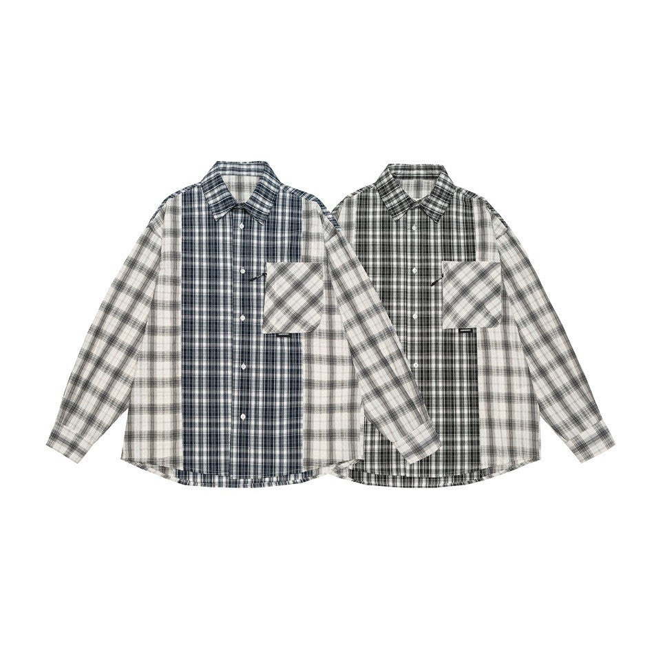 Unisex Kariertes Overshirt im Patchwork-Look mit Brusttasche Drune