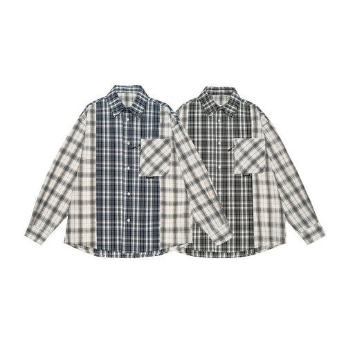 Unisex Kariertes Overshirt im Patchwork-Look mit Brusttasche Drune