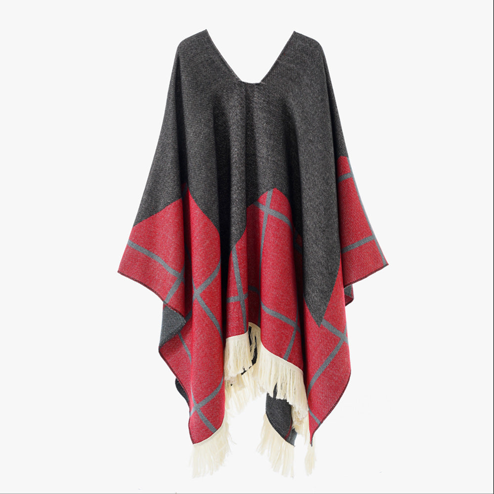 Damen Ornamentaler Jacquard‑Poncho mit V‑Ausschnitt und Fransensaum Drune