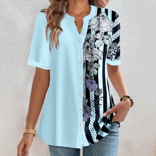 Damen nan zweigeteilte Hemdbluse mit asymmetrischem Muster-Mix, Knopfleiste und lockerer Hüftlänge Drune
