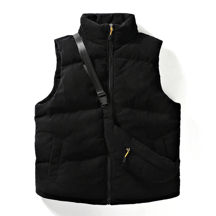 Herren Gesteppte Cord-Ärmellose Thermoweste mit Stehkragen und integrierter Crossbody-Tasche Drune