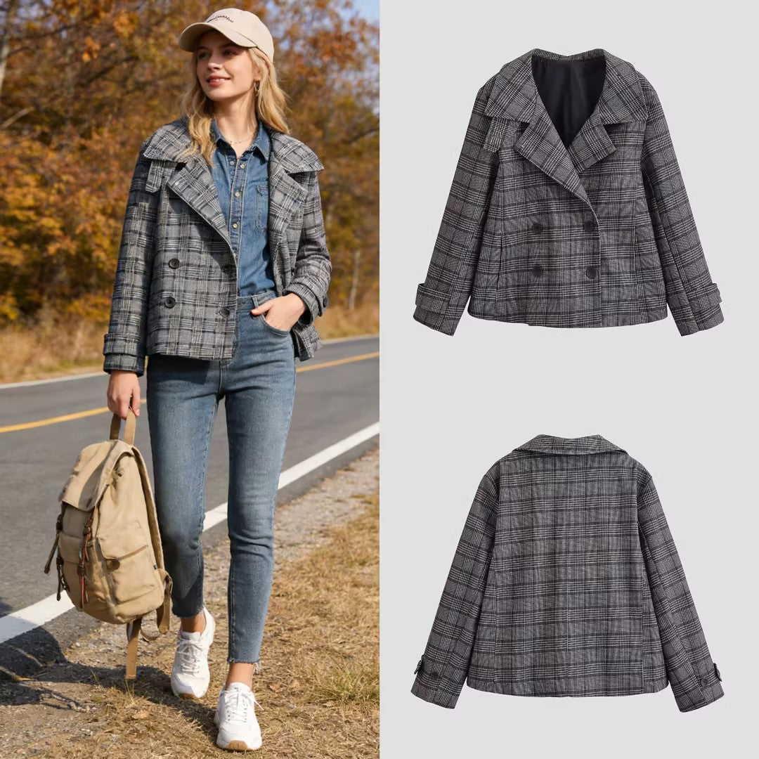 Damen Kurzer Doppelreihiger Glencheck‑Mantel mit weitem Revers Drune
