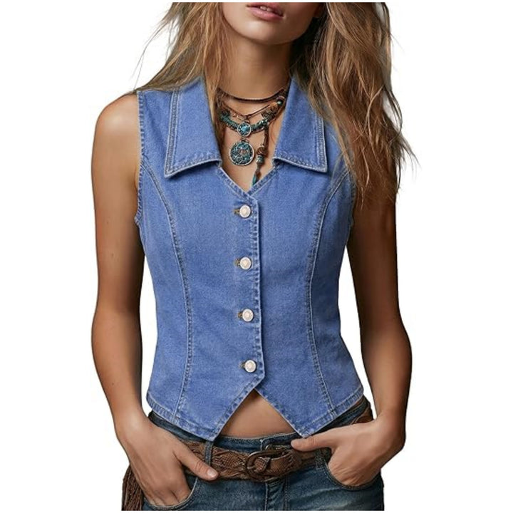 Damen Taillierte Jeansweste mit spitzem Saum und Knopfleiste Drune
