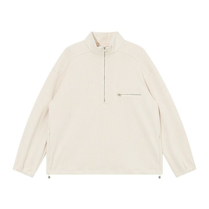 Unisex Oversize Halbzip-Pullover aus Cord‑Mix mit Brust-Reißverschlusstasche und Kordelzugsaum Drune