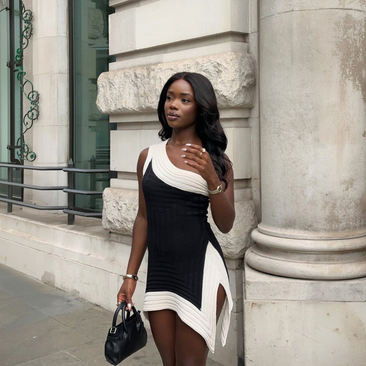 Damen einseitig geschnittenes Minikleid mit Struktur Drune