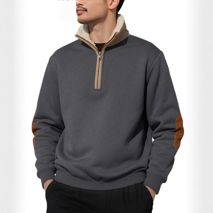 Herren nan legeres Halbzip-Sweatshirt mit Sherpagefüttertem Stehkragen und Kunstleder-Ellenbogenapplikation Drune
