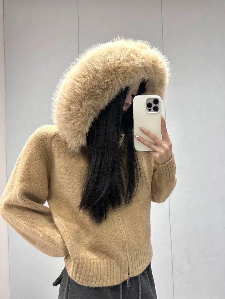 Damen kuschelige Strickjacke mit luxuriösem Pelzkragen und Reißverschluss Drune
